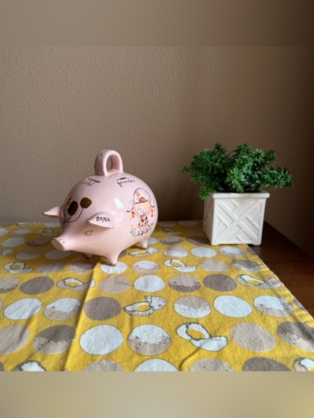 Vintage Mexican style pink ‘Dana’ multi-slot piggy bank with girly sketches